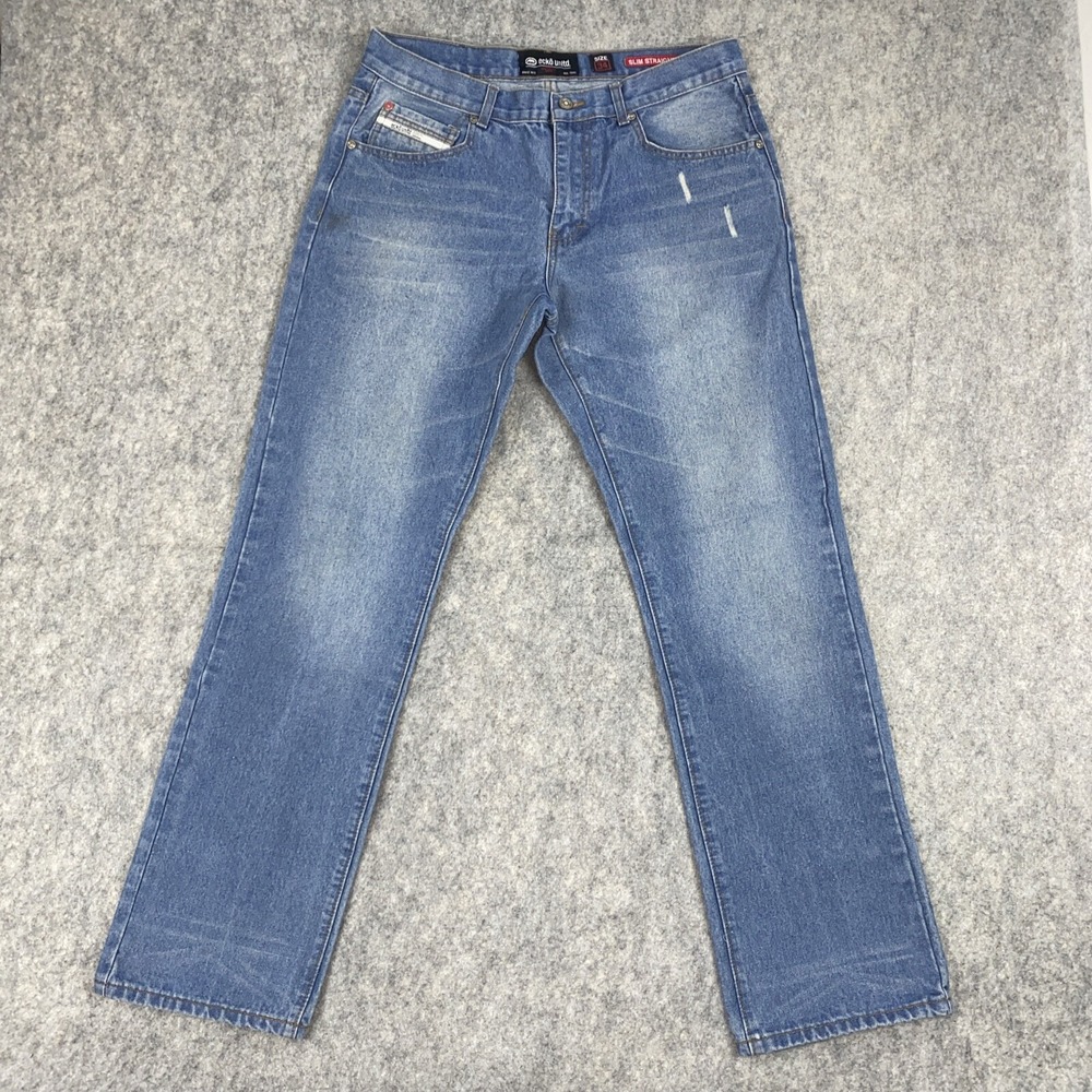 Ecko Jeans Mens 34x32 Blue Slim Straight Distressed Whiskered Skate Y2K Style